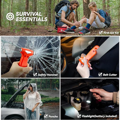 Car Emergency Safety Kit Bag with Digital Air Compressor,Jumper Cables,First Aid Kit, Winter Vehicle Roadside Safety Kit with Detachable Snow Shovel, for Women, Men, Teen