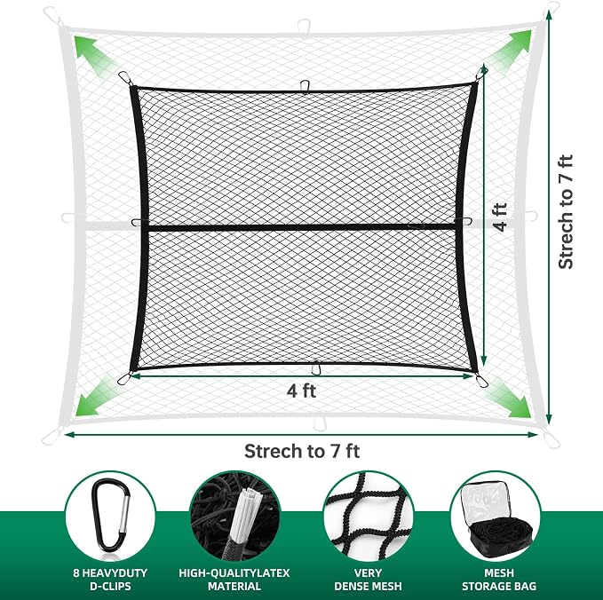 Heavy Duty Cargo Net for Pickup Truck Bed - 4' x 4' Stretches to 8' x 8' - Sturdy Latex Bungee Net Mesh - Truck Bed Accessories for Dodge RAM, Ford, Chevy, Toyota