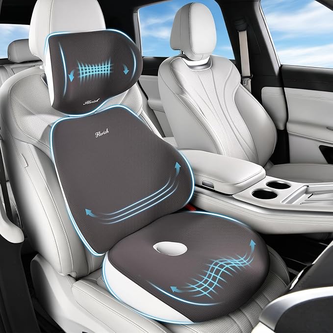 FLORICH Car Seat Cushion & Lumbar Support Pillow & Car Neck Pillow, Ergonomic Memory Foam Driving Seat Cushion for Back & Sciatica Pain Relief, Non-Slip Washable Cushion for Car, Driver, Office-Gray