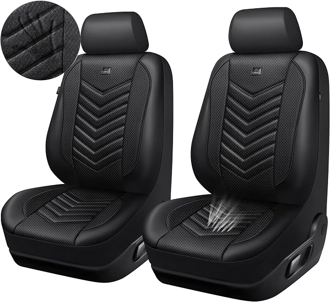 CAR PASS 3D Foam Mesh Leather Seat Covers Front Seats, Breathable Two Front Seat Cover for Cars, Comfortable Universal Fit for SUV Truck Sedan Automotive Anti-Slip Airbag Compatible, All Black