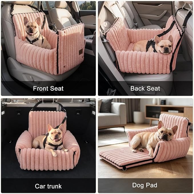 MIXJOY Dog Car Seat for Small/Medium Dogs up to 25 lbs, Multi-Functional Dog Carrier for Car with Detachable Washable Cover, Pet Travel Bed with Clip-On Safety Leash, Pink