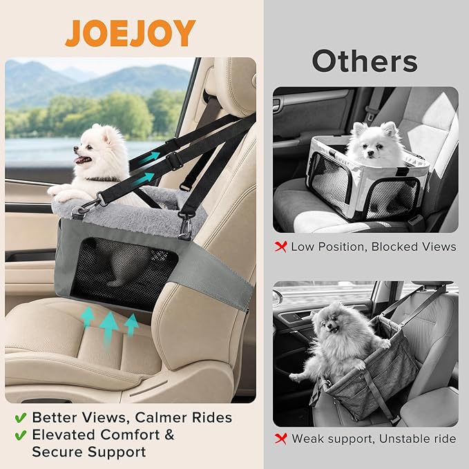 JOEJOY Deluxe Dog Booster Seat with Sturdy Metal Frame and Safety Leash for Small Pets up to 20 lbs - Portable Puppy Dog Car Seat with Thick Cushion and Storage Pockets for Small Dogs