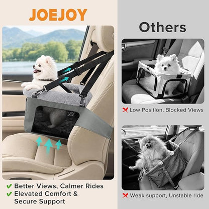 JOEJOY Deluxe Dog Booster Seat with Sturdy Metal Frame and Safety Leash for Small Pets up to 20 lbs - Portable Puppy Dog Car Seat with Thick Cushion and Storage Pockets for Small Dogs