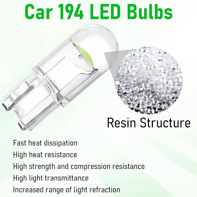 ecocstm 30 PCS Car 194 LED Bulbs, 168 2825 W5W T10 Wedge COB LED Replacement Bulb, Error Free Interior Bulb for Dashboard Light, Dome Lights (Green)