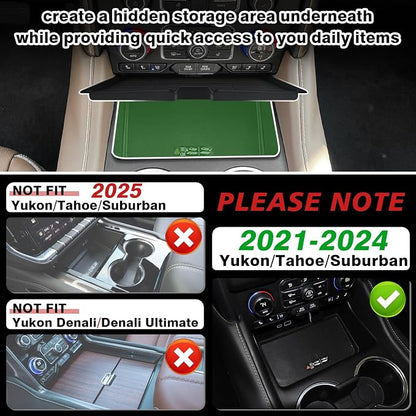 Muslogy Front Center Console Organizer Compatible with 2021-2023 2024 GMC Yukon & Chevy Tahoe Suburban Hidden Panel Secret Pocket Lid Removable Cover with USB Hole (Not for Yukon Denali/Ultimate)