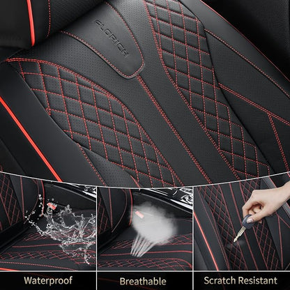 FLORICH Leather Car Seat Covers, Automotive Seat Cover 2 Pack Waterproof Seat Covers for Cars Driver Seat Cover Protectors Universal Fit for Most Cars SUV Trucks Vehicles, Black&Red Line