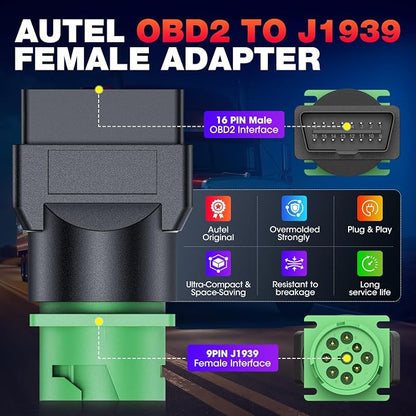 Autel Original OBD2 Male to Green J1939 Type 2 Female Adapter, 16pin OBDII to 9pin for Truck Freightliner Code Reader, ELD Tracker, Diagnostic Scanner Device, Plug and Play with High Speed