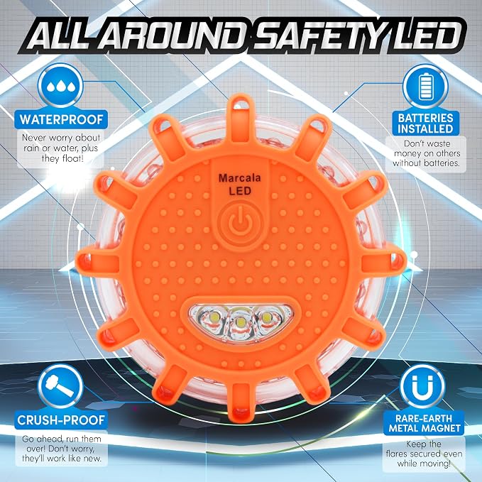 Marcala 3‑Pack LED Road Flares | DOT Compliant Emergency Lights for Vehicles with Batteries, Whistle & Case | Flares Emergency Road | Emergency Flares | Perfect For Gifting or Everyday Roadside Safety
