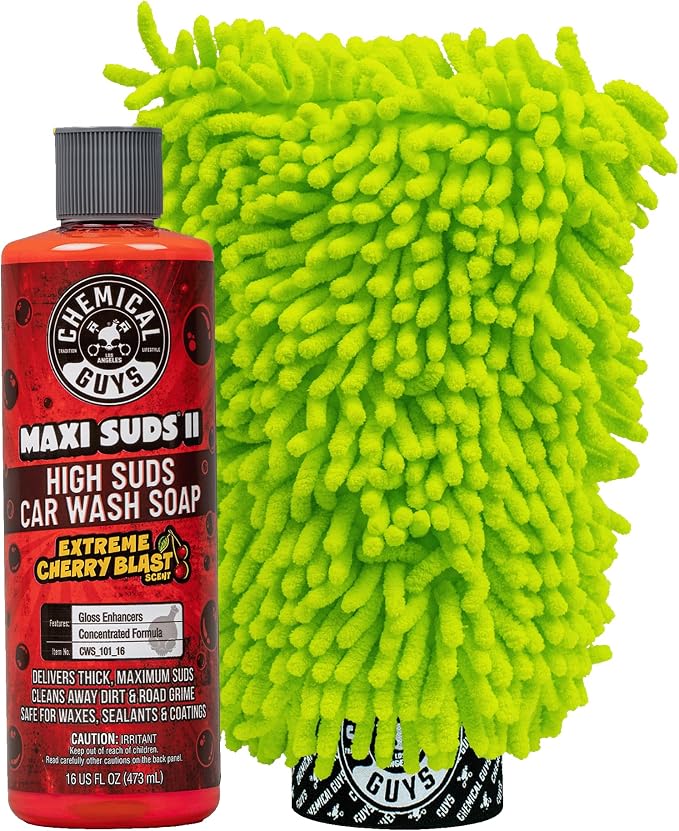 Chemical Guys Maxi Suds II Cherry Scent Car Wash Soap and Chenille Microfiber Wash Mitt Bundle, High Foam Shampoo for Foam Cannons, Guns, and Buckets, Safe for All Paint - 16 Fl Oz