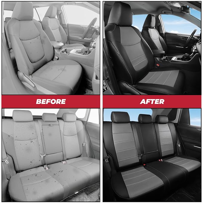 FREESOO RAV4 Seat Covers Full Set Custom Fit for Toyota Rav4(Only Hybrid) 2019 2020 2021 2022 2023 2024 2025 LE/XLE/XLE Premium/Limited, Faux Leather Car Seat Cover, Airbag Compatible, Black Gray