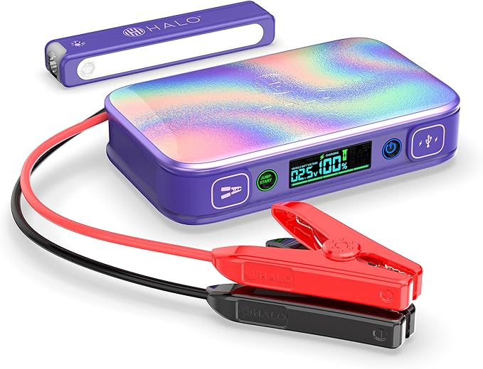 Halo Bolt PaL 1000 Portable Car Jump Starter | USB-A & USB-C Charger Ports, Digital Display, Powers Multiple Devices, Detachable Power Bank & Emergency Flashlight, Jumps Cars SUVs & Trucks — Purple