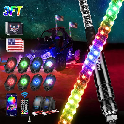 Nilight 2PCS 3FT RGB LED Whip Light and 8 PCS Rock Lights Combo, Remote & App Control w/DIY Chasing Patterns Stop Turn Reverse Safety Antenna Lighted Whips for ATV UTV