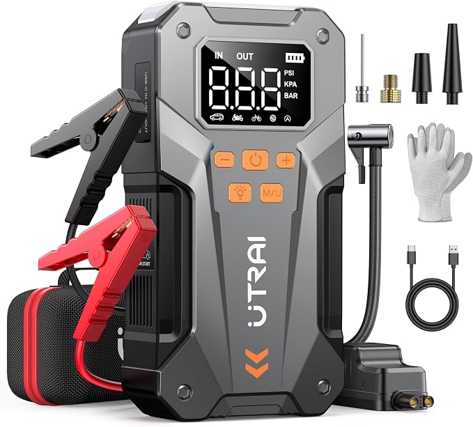 UTRAI 5500A 150PSI Jump Starter with Air Compressor, 12V Portable Jump Box (All Gas/10L Diesel), Jump Pack with LED Light, Car Jumper with Jumper Cables, Storage Case Included