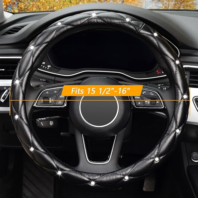 KAFEEK 16 inch Diamond Soft Leather Steering Wheel Cover,Compatible for F150 F250 F350 Ram 4Runner Tacoma Tundra Range Rover