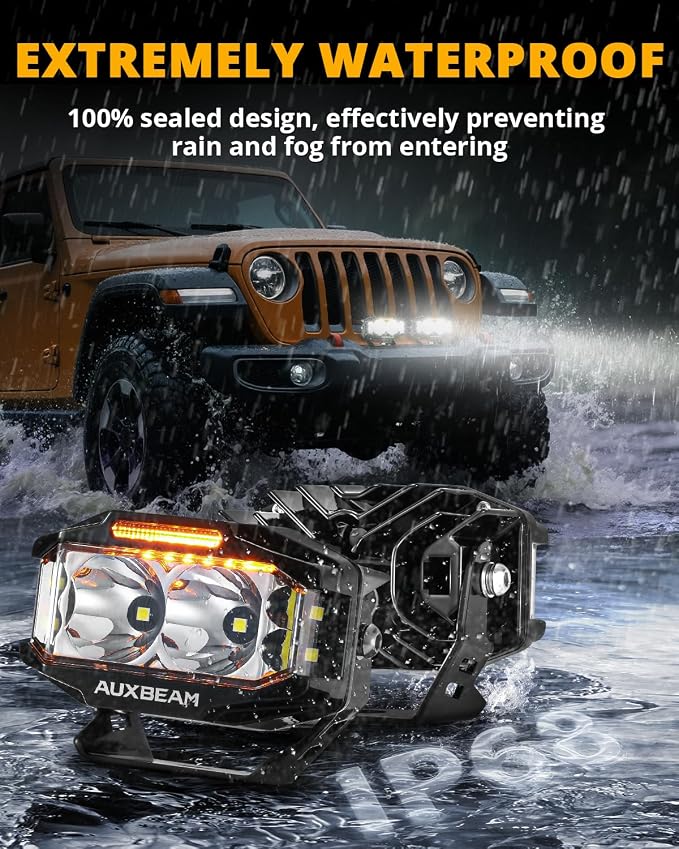 Auxbeam V-MAX Series 4 Inch LED Pod Driving Lights, 72W Rectangle Side Shooter Offroad Cube Spotlights with Amber DRL, 270° Combo Beam 6 Modes White/Amber/Yellow Auxiliary Lights with Covers, Pair