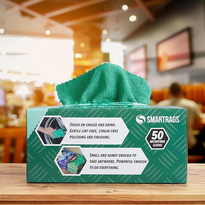 Arkwright Smart Rags Microfiber Cleaning Cloths, Pack of 50 in a Box, Lint Free 180 GSM Reusable Towels for Auto, Office and Household Cleaning, 12 x 12 in, Green