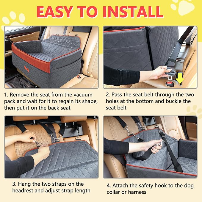 Dog Car Seat for Medium Large Dogs, Detachable Washable Pet Booster Seat with Memory Foam Cushion, Side Pockets, 2 Clip-On Safety Leashes Pet Car Seat for Dog Up to 60 lbs/2 Small Dogs-Grey