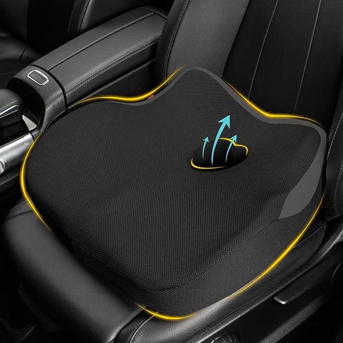 Car Seat Cushion: Ergonomic Memory Foam Car Cushion for Sciatica Pain Relief, Larger Driving Seat Pillow for Short Drivers on Long Drives - Butt Pillow for Truck, Office, Wheelchair - Dark Black
