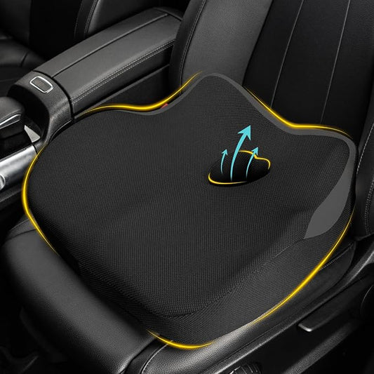 Car Seat Cushion: Ergonomic Memory Foam Car Cushion for Sciatica Pain Relief, Larger Driving Seat Pillow for Short Drivers on Long Drives - Butt Pillow for Truck, Office, Wheelchair - Dark Black