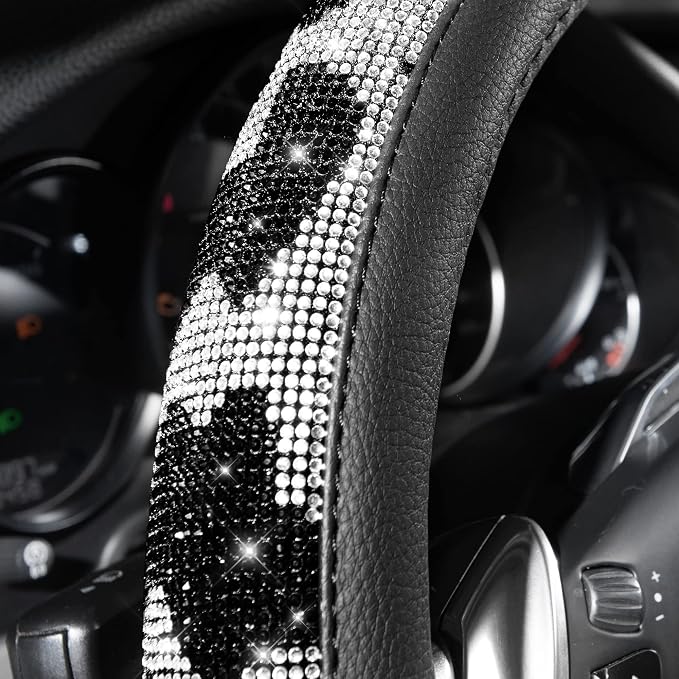 CAR PASS Bling Cow Print Diamond Steering Wheel Cover, with Sparkly Crystal Glitter Rhinestones Black Leather Car Wheel Protect for Women Girl Fit Suvs,Vans,Sedans,Cars,Trucks, 14" 1/2-15" Cow Design
