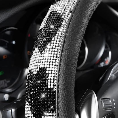CAR PASS Bling Cow Print Diamond Steering Wheel Cover, with Sparkly Crystal Glitter Rhinestones Black Leather Car Wheel Protect for Women Girl Fit Suvs,Vans,Sedans,Cars,Trucks, 14" 1/2-15" Cow Design