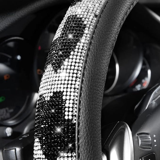 CAR PASS Bling Cow Print Diamond Steering Wheel Cover, with Sparkly Crystal Glitter Rhinestones Black Leather Car Wheel Protect for Women Girl Fit Suvs,Vans,Sedans,Cars,Trucks, 14" 1/2-15" Cow Design