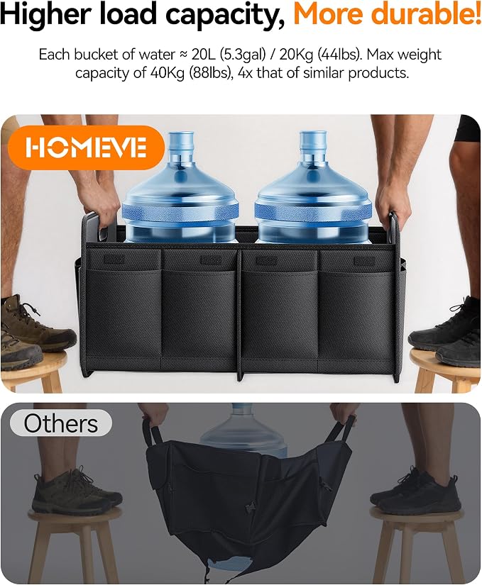 Homeve Car Trunk Organizer for SUV, Small Compact Size No-Sag Heavy Duty, 7 Pockets Foldable Waterproof Anti-Slip Storage, Fit Sedan, Truck, Front Seat, Universal Car Accessories, Black, 2 Compart