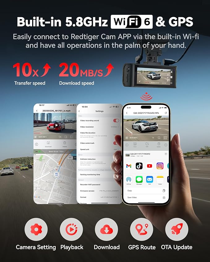 REDTIGER F7N Pro 4K Dash Cam Front and Rear, STARVIS 2 Sensor, 4K/2.5K+1080P Dual Dash Camera for Cars, Built-in 5.8Hz WiFi 6, GPS Tracking, 3.18 Inch Screen, Parking Monitor(SD Card Not Included)