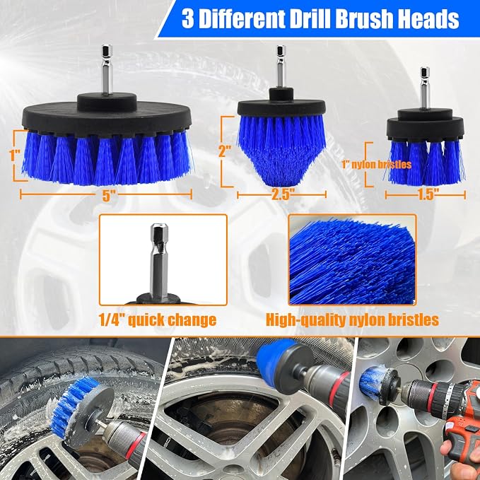 Wheel Brush Kit, Soft Drill Wheel Cleaner Brush, Tire Brush, Detailing Brush, and Detailing Pads, No Scratches Car Wheel Cleaning Kit for Wheels, Tire, Rims, Engines, Exhaust(Blue + White 9 Pk)