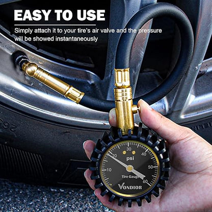 Vondior Tire Pressure Gauge with Tube (0-60 PSI), Air Pressure Gauge Certified ANSI Accurate with Large Easy to Read Glow Dial, Tire Pressure Gauge for Car Trucks Bicycle Tires