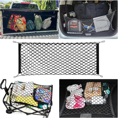 Cargo Net, Premium Dual-Layer Nylon Cargo Net for SUV, Automotive Exterior Accessories, Adjustable Elastic Trunk Net with Hook, Car Accessories for SUV, Truck, Pickup(51.2x17.7 Inch)