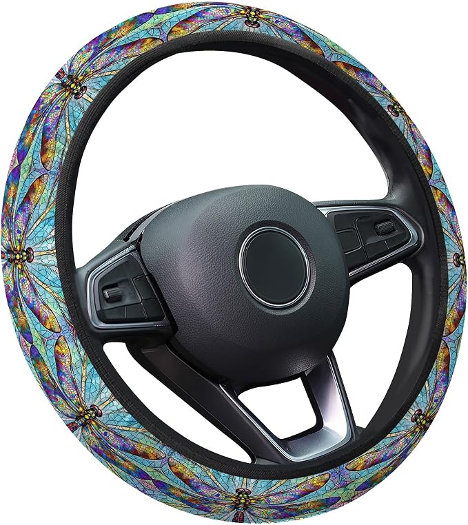 GENANY Dragonfly Steering Wheel Cover, Non Slip Polyester Car Wheel Protector for Car SUV Truck, Universal 15 Inch
