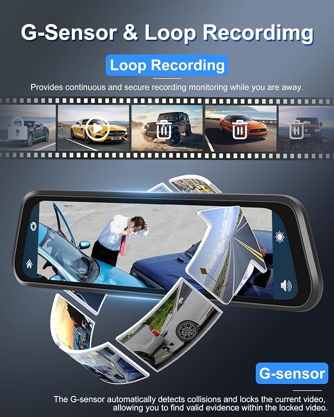 Podofo 12" Mirror Dash Cam with Wireless Carplay&Android Auto,4K Front Mirror Dash Cam with IPS Touchscreen,Support Night Vision,Voice Control,Parking Assistance,G-Sensor,24H Parking Monitor