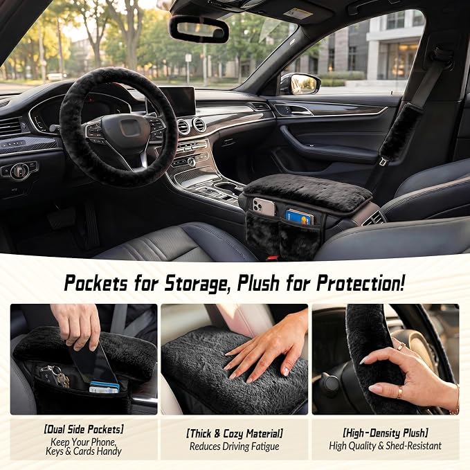 5 Pcs Fuzzy Black Color Car Accessories Set, Soft Fluffy Plush Steering Wheel Cover, Center Console Armrest Pad & Rearview Mirror Cover - Interior Decorations for Women,Universal Fit (Black)