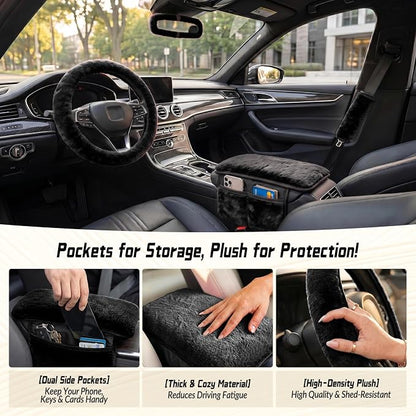 5 Pcs Fuzzy Black Color Car Accessories Set, Soft Fluffy Plush Steering Wheel Cover, Center Console Armrest Pad & Rearview Mirror Cover - Interior Decorations for Women,Universal Fit (Black)