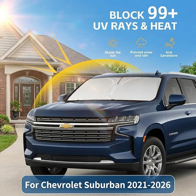Windshield Sun Shade for Chevy/Chevrolet Suburban 2021-2024 2025 2026 Sunshade Front Window Shade Custom Fit Suburban Accessories Sun Visor Foldable Shade Blocks UV Rays Accessories