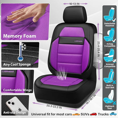CAR PASS Memory Foam Seat Covers Full Sets, Airy Cool Mesh Thick Car Seat Covers Women, Leather Car Seat Covers 5 Seats Airbag Compatible, Universal Automotive Comfort for Cars, Trucks, SUV, Purple