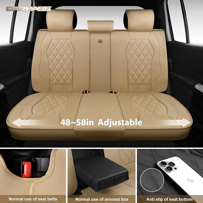 CAR PASS Luxury Nappa Leather Seat Covers Full Set, 3D Rhombus Waterproof Faux Leather Seat Covers, Universal Automotive Seat Cushion Fit for Most Sedan SUV Truck Van, Armrest Airbag Compatible Beige