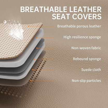 Car Seat Covers Front Seats Beige, Luxury Leather Automotive Seat Covers with Lumbar Support, Waterproof Car Seat Protector Universal Fit for Most Cars Trucks Pick-ups SUVs