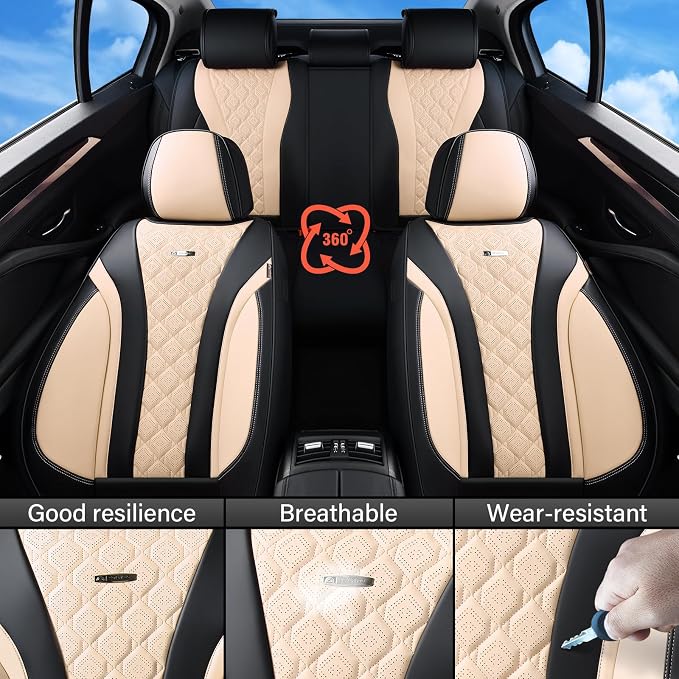 Coverado Seat Covers, Car Seat Covers Front Seats, Perforated Diamond Leather Car Seat Cover, Waterproof Car Seat Covers, 2 Pack Car Seat Protector Front Seat Cover Universal Fit Most Car, Black&Beige