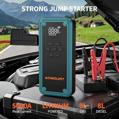 W160 Jump Starter with Air Compressor, 5000A Portable Car Jump Starter 150PSI Tire Inflator/Air Pump, 12V Battery(Up to 9L Gas/8L Diesel Engine) Jump Pack Car Emergency Kit Idea Gift for Man (Blue)