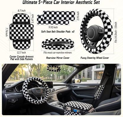 5 Pcs Fuzzy Black & Wihte Car Accessories Set, Soft Fluffy Plush Steering Wheel Cover, Center Console Armrest Pad & Rearview Mirror Cover - Interior Decorations for Women,Universal Fit (Check)
