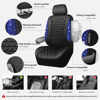 CAR PASS Bling Diamond Black Leather Car Seat Covers for 2 Front Interior Sets, Waterproof Shining Glitter Sparkly Crystal Universal Armrest Fit Automotive Truck SUV Cute Women Girl, Blue Rhinestone