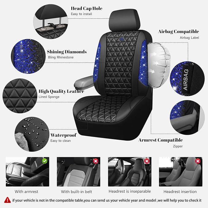 CAR PASS Bling Diamond Black Leather Car Seat Covers Full Set Interior Sets, Waterproof Shining Glitter Sparkly Crystal Universal Armrest Fit Automotive Truck SUV Cute Women Girl, Blue Rhinestone