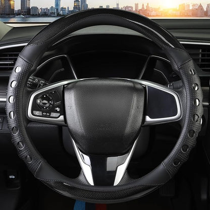 PU Leather Car Steering Wheel Cover with Anti-Slip Grip, for Women and Men, Universal Fit for 14.5-15 Inch Cars, Trucks, SUVs (Black (Round), Medium(Standard) Size[14 1/2''-15''])