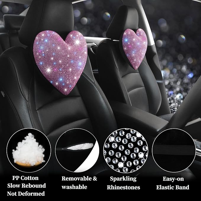 Bling Head Rest Pillows for Car Automobile Accessories for Women, Girls and Ladies Car Pillows with Sparkly Rhinestone Headrest Support Neck Support Relax Travel Universal Fit Pink 2 Pieces