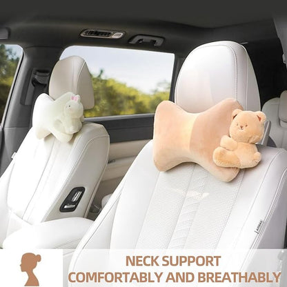 Car Headrest Pillow 2PCS Plush Bear ＆ Bunny Car Seat Headrest Pillow - Memory Foam Neck Support Cushions for Comfortable Driving, Easy Install & Washable (Brown Bear)