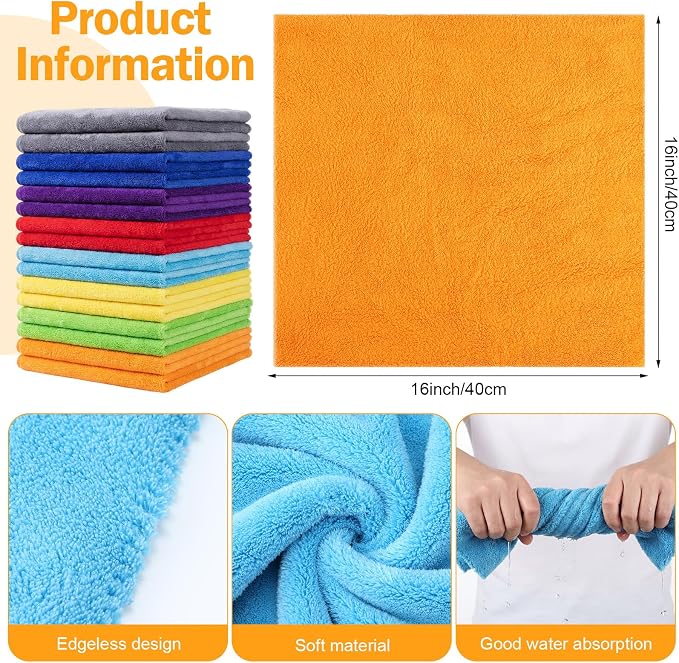 Tallew 16 Pcs Car Microfiber Towels Buffing Drying Wash Cleaning Cloths Plush Large Towels Thick Care Polishing Detailing Waxing Scratch Proof Towel, 15.75 x 15.75 Inch (Multicolor)