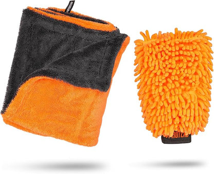 24"x36" Twisted Loop Car Drying Towel & Wash Mitt | 1200GSM Ultra Thick & Absorbent Detailing Towels | Large Microfiber Cleaning Cloth for Washing & Polishing | Micro Fiber Rags for Car Care