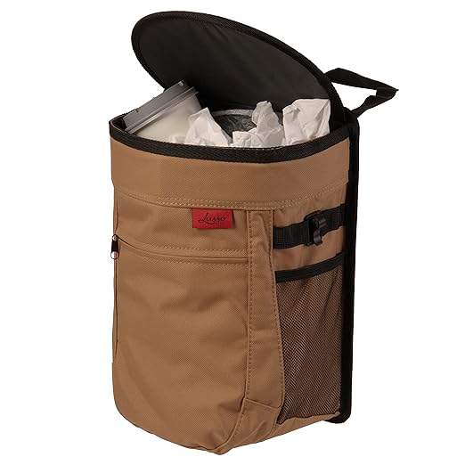 Lusso Gear Spill-Proof Car Trash Can - Easy to Clean Hanging Garbage Bin - Leak-Proof Lid, Removable Liner, Waterproof - Keeps Truck, SUV, Car, Minivan Clean & Odor Free - 2.5 Gallon Tan Car Trash Can